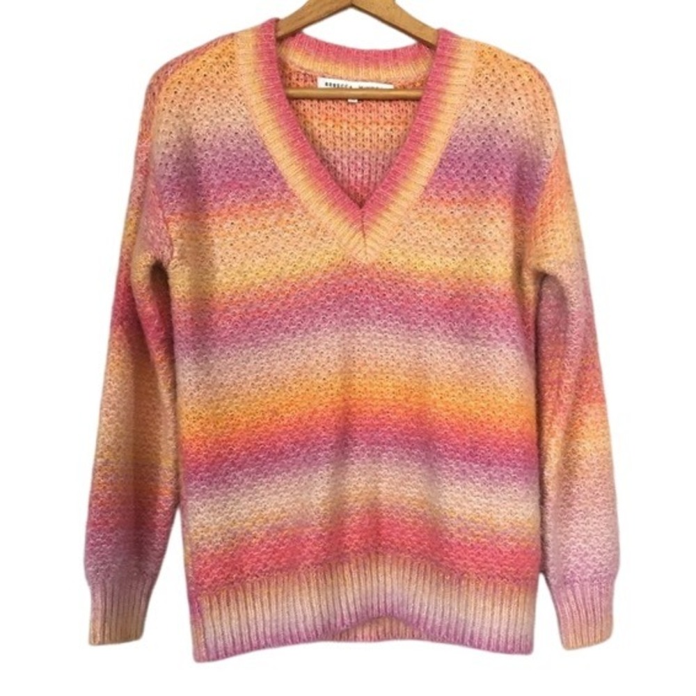 Rebecca Minkoff Cozy Soft Ombre Rainbow Striped V Neck Andy Sweater‎ Knit Size M